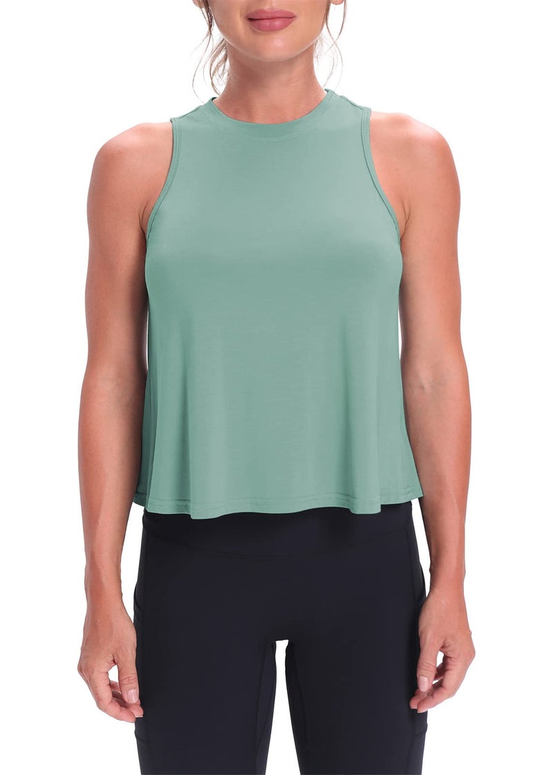 Mippo Cropped Workout Tops for Women Workout Shirts Sleeveless Tank Flowy Loose Crop High Neck Tank Tops Gray Green M - Image 2